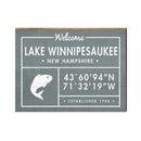 Lake Winnepesaukee, New Hampshire Fish Coordinates Wooden Sign | Wall Art Print on Real Wood | Lodge Blue Latitude Longitude Decor