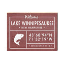 Lake Winnepesaukee, New Hampshire Fish Coordinates Wooden Sign | Wall Art Print on Real Wood | Lodge Red Latitude Longitude Decor