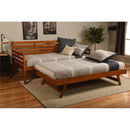 Solid Wood Day Bed Frame with Pull-out Pop Up Trundle Bed in Medium Brown