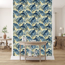 Blue Monstera Leaves with Gold Print Wallpaper