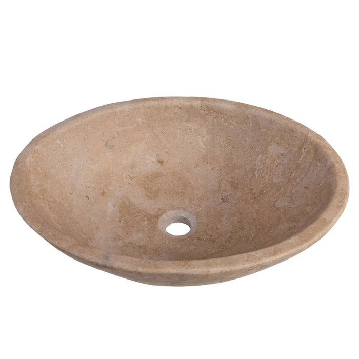 Karina walnut travertine oval vessel sink KMRC16206W W16 L21 H6 angle view