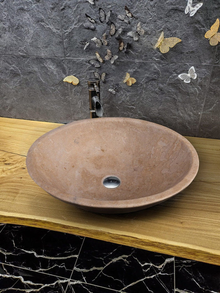 Karina walnut travertine oval vessel sink KMRC16206W W16 L21 H6 bathroom view