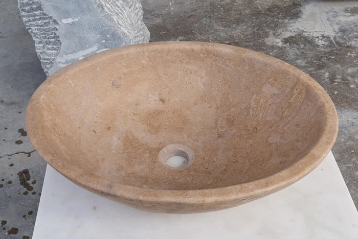 Karina walnut travertine oval vessel sink KMRC16206W W16 L21 H6 angle view