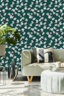 Dark Green Wallpaper with White Flowers