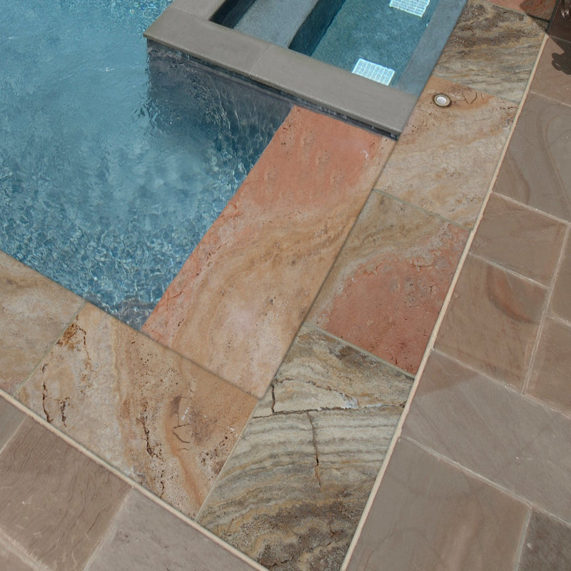 Tuscany Porcini 12"x24" Brushed Travertine Pool Coping - MSI Collection room shot outdoor pool view