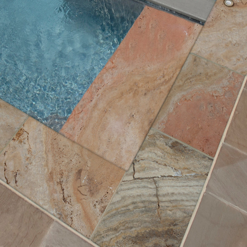 Tuscany Porcini 12"x24" Brushed Travertine Pool Coping - MSI Collection room shot outdoor pool view 2