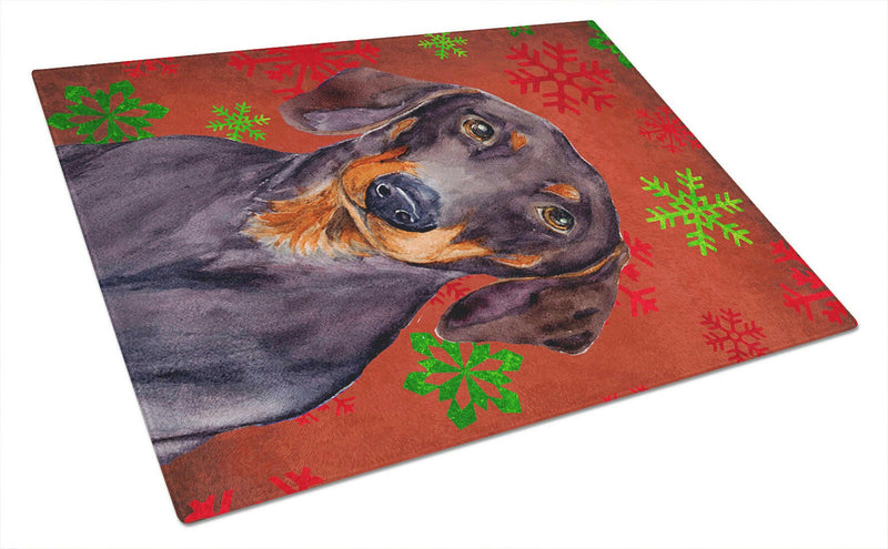 Dachshund Red and Green Snowflakes Holiday Christmas Glass Cutting Board Large