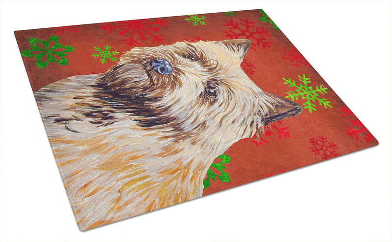 Cairn Terrier Red and Green Snowflakes Christmas Glass Cutting Board Large