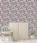 Blue Leaves with Red Flowers Wallpaper