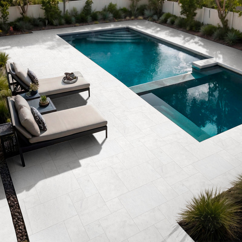 Crystal White Sandblast Marble Pavers Kit - MSI Collection pool view