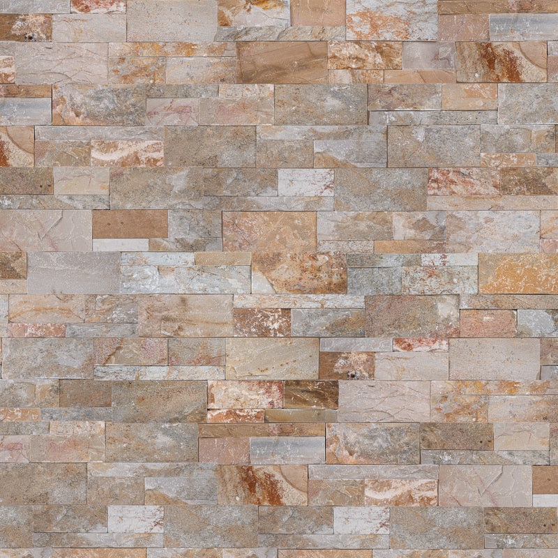 XL ROCKMOUNT Golden White 9"x24" Splitface Ledger Panel Quartzite Wall Tile - MSI Collection wall view