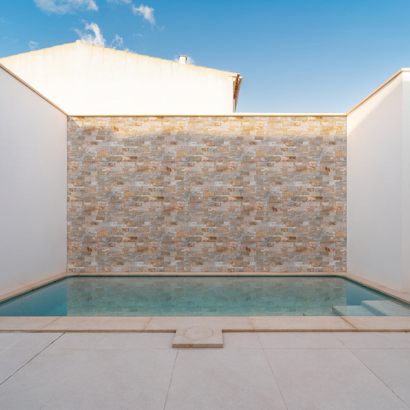 XL ROCKMOUNT Golden White 9"x24" Splitface Ledger Panel Quartzite Wall Tile - MSI Collection pool view 2