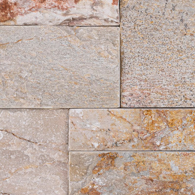 XL ROCKMOUNT Golden White 9"x24" Splitface Ledger Panel Quartzite Wall Tile - MSI Collection wall closeup view