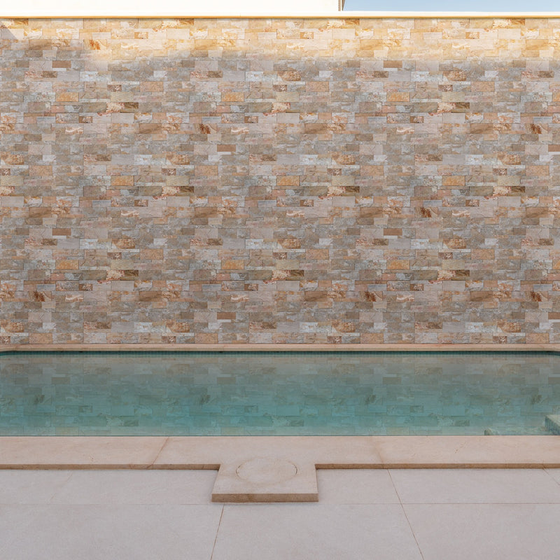 XL ROCKMOUNT Golden White 9"x24" Splitface Ledger Panel Quartzite Wall Tile - MSI Collection pool view