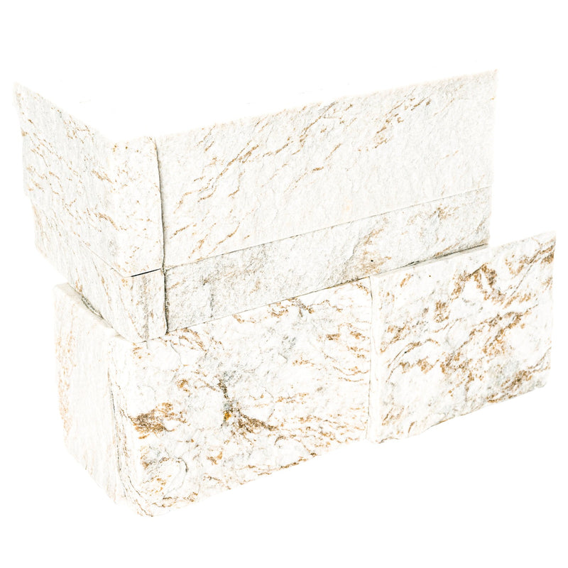 XL ROCKMOUNT Royal White 9"x18" Splitface Ledger Panel Corner Quartzite Wall Tile - MSI Collection corner angle view
