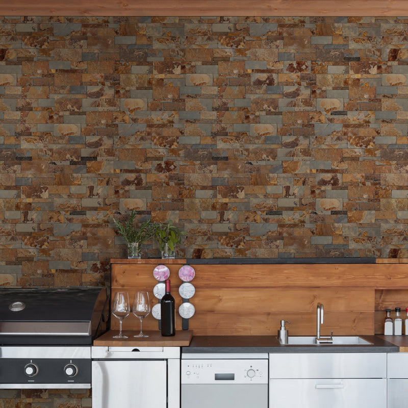 XL ROCKMOUNT California Gold 9"x24" Splitface Ledger Panel Slate Wall Tile - MSI Collection kitchen  view