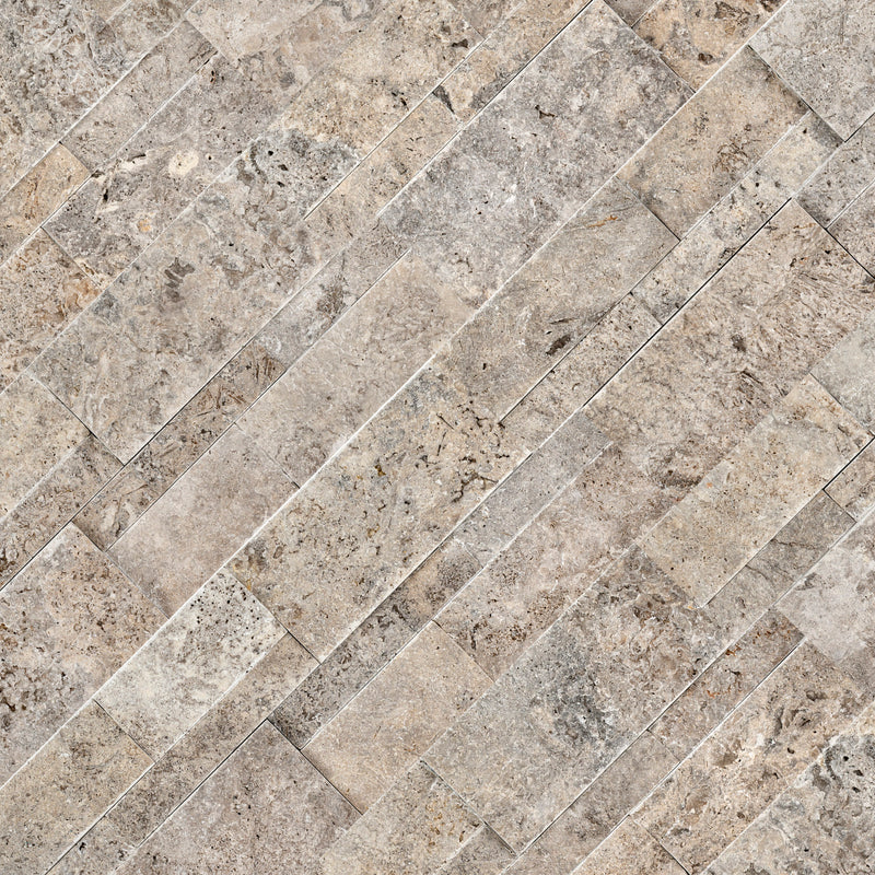 XL ROCKMOUNT Silver 9"x24" Splitface Ledger Panel Travertine Wall Tile - MSI Collection angle view