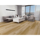 Modern living room with wooden flooring, gray sofa, and white coffee table. LSPC-01VH