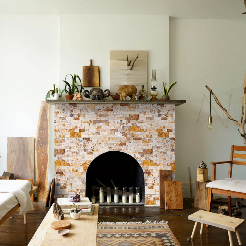 Leonardo Onyx Ledger 3D Panel 6"x24" Natural Marble Wall Tile - Full Truckload installed around fireplace wooden objects on top of the fireplace