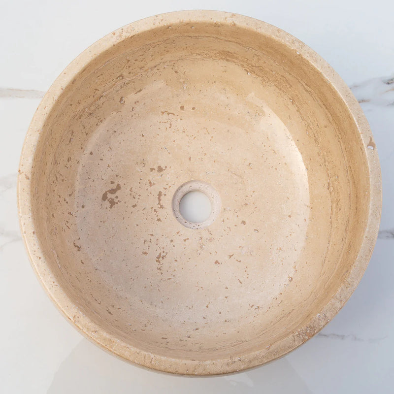 Light Beige Travertine Natural Stone Above Vanity Bathroom Vessel Sink Polished top view