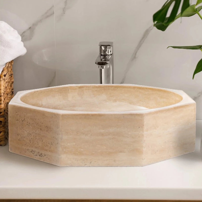 Light beige travertine vessel sink polished EGELBTOP166 D16 H6 bathroom view