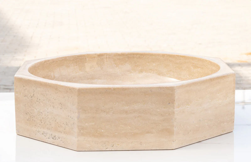 Light Beige Travertine Octagon Above Vanity Bathroom Vessel Sink Polished (D)16" (H)5" side view