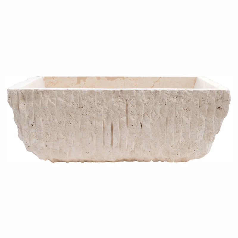 Troia Light Rustic Travertine Rectangular Above Vanity Bathroom Sink Hand Chiseled Exterior side view