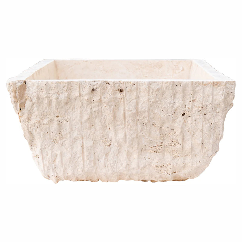 Troia Light Rustic Travertine Rectangular Above Vanity Bathroom Sink Hand Chiseled Exterior side view