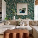 Inked Foliage Wallpaper, teal and peach