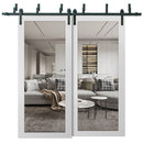 Lucia 2166 Matte White Double Barn Door with Clear Glass | Black Bypass Rails