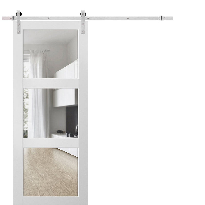 Lucia 2555 Matte White Barn Door with 3 Lites Clear Glass and Silver Finish Rail