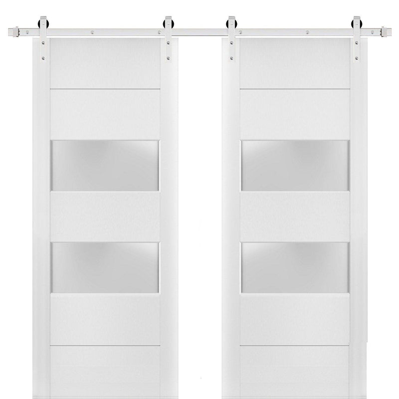 Lucia 4010 Matte White Double Barn Door with 2 Lites Frosted Glass | Silver Finish Rail