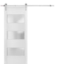 Lucia 4070 White Silk Barn Door with 3 Lites Frosted Glass and Silver Finish Rail