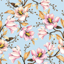 Elegant Blue Wallpaper with Pink Flowers Vogue