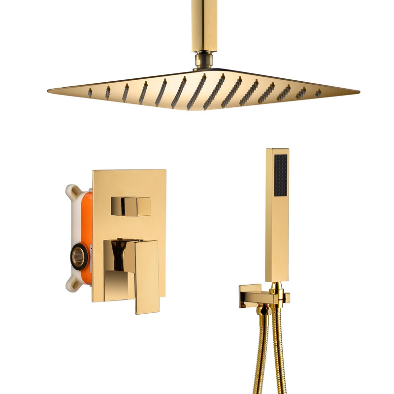 12 Inch or 20 inch Ceiling mounted Polished Gold Shower System Rough-in Valve Body and Trim
