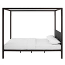 Queen size Brown Metal Canopy Bed Frame with Grey Upholstered Headboard