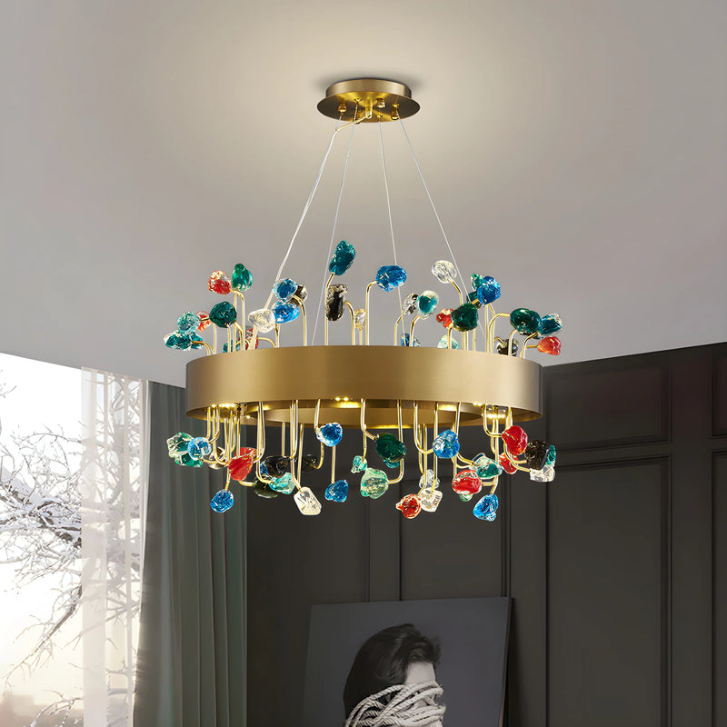 Alpignano | Gold Round Colorful Crystal Chandelier for Living room, Kitchen