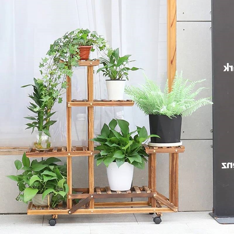 6 pot plant stand 6-Shelf Portable Wooden Flower Pot Plant Stand with Locking Wheels