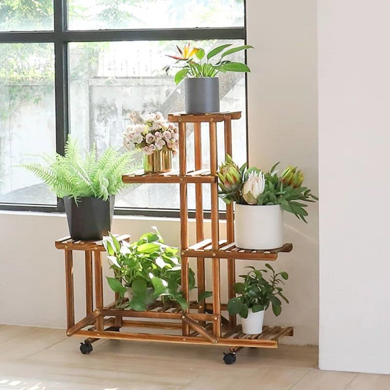 pot plant stand on wheels 6-Shelf Portable Wooden Flower Pot Plant Stand with Locking Wheels
