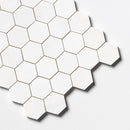 Ice white 10 3/8"x12 Honed Hexagon Marble Mosaic Product shoot mosaic edge view