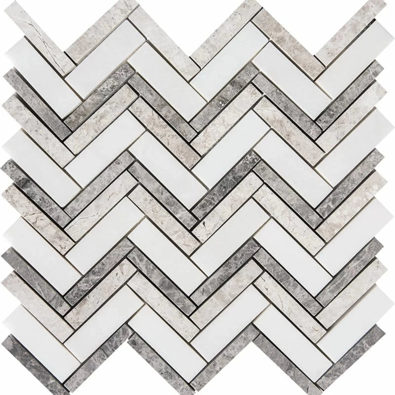 Granada Blend 12 1/8"x13 3/8" Polished Herringbone Marble Mosaic Product shot Tile view
