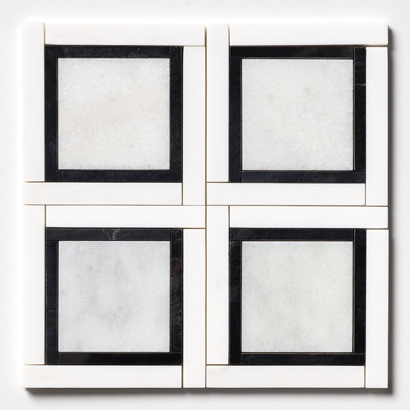 Glacier, Black, Snow White 12 7/8"x12 7/8" Multi Finish Cambridge Marble Mosaic Product shot tile view