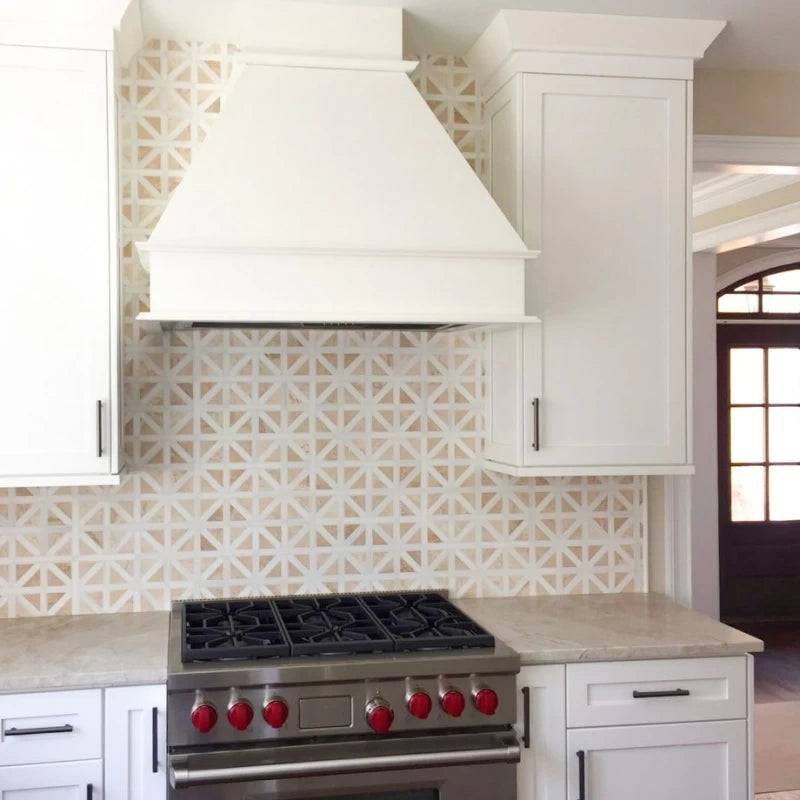 Royal, Snow White 14 3/4"x14 3/4" Honed Classic Lattice Marble Mosaic Tile kitchen view