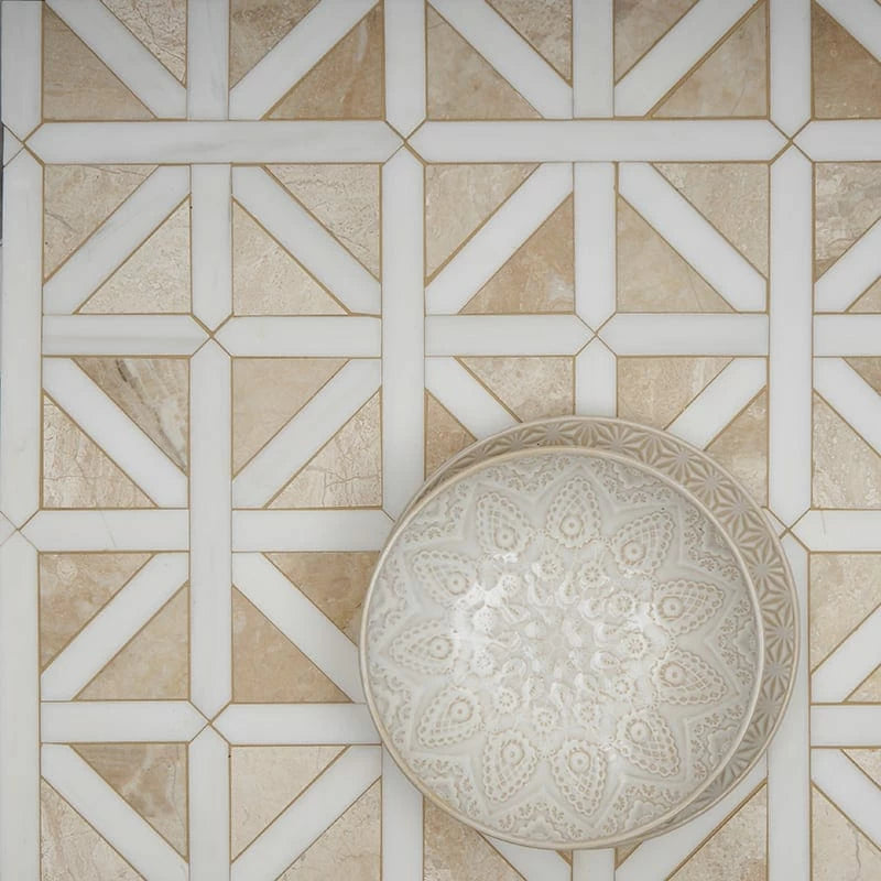 Royal, Snow White 14 3/4"x14 3/4" Honed Classic Lattice Marble Mosaic Tile bowl on floor view