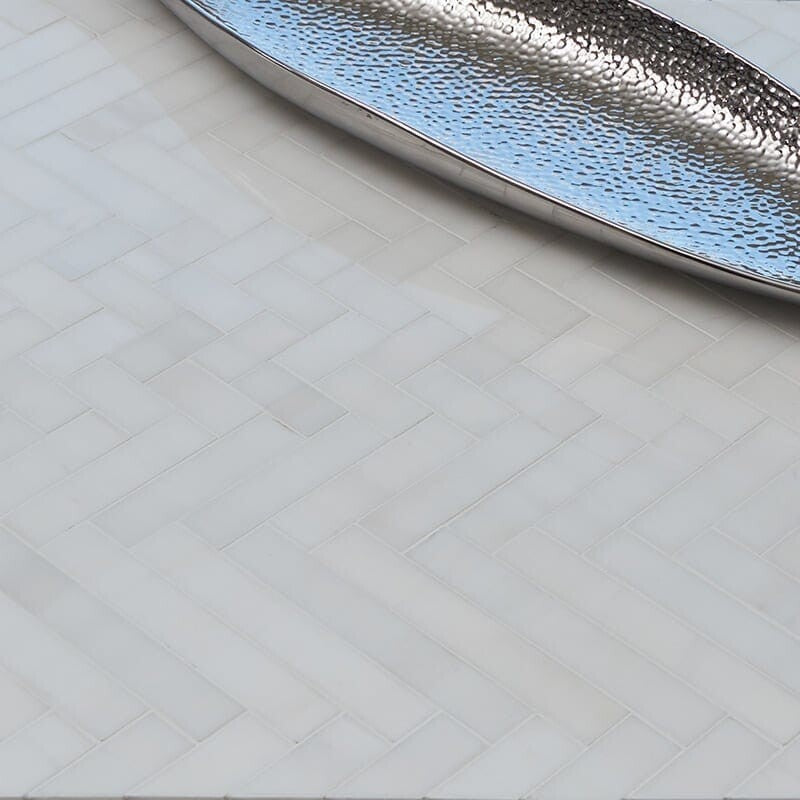Ice white 16 5/6"x12 1/16" Polished Mixed Herringbone Marble Mosaic Product shoot mosaic view