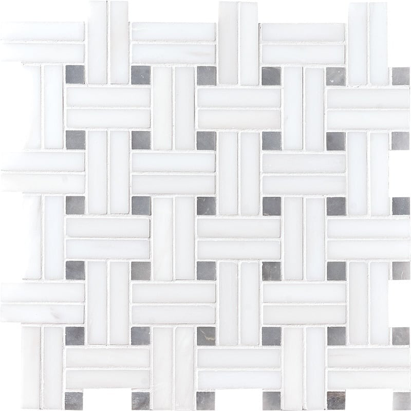 Ice white 12"x12" Polished Diagonal Basket Weave Marble Mosaic Product shoot mosaic view