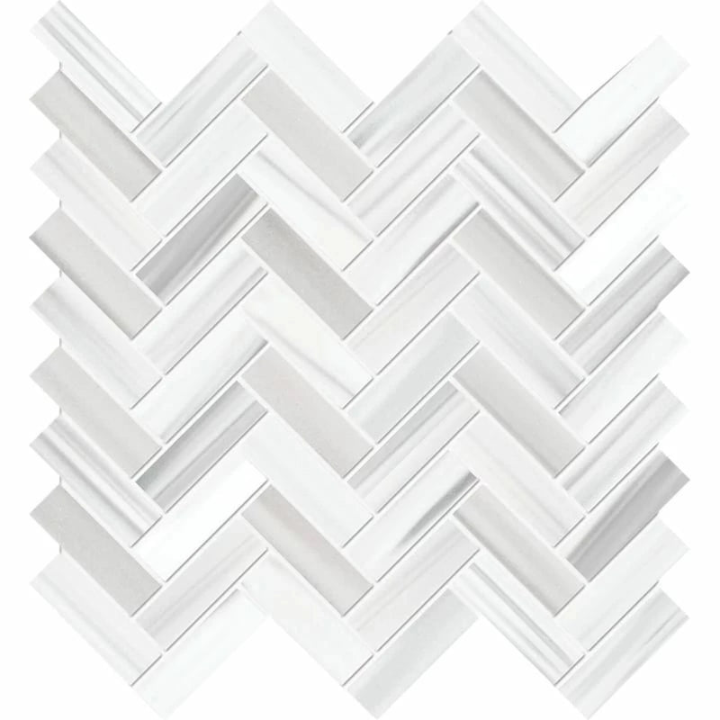 Frost White  12 1/8"x13 3/8" Honed Herringbone Marble Mosaic Product shot profile view