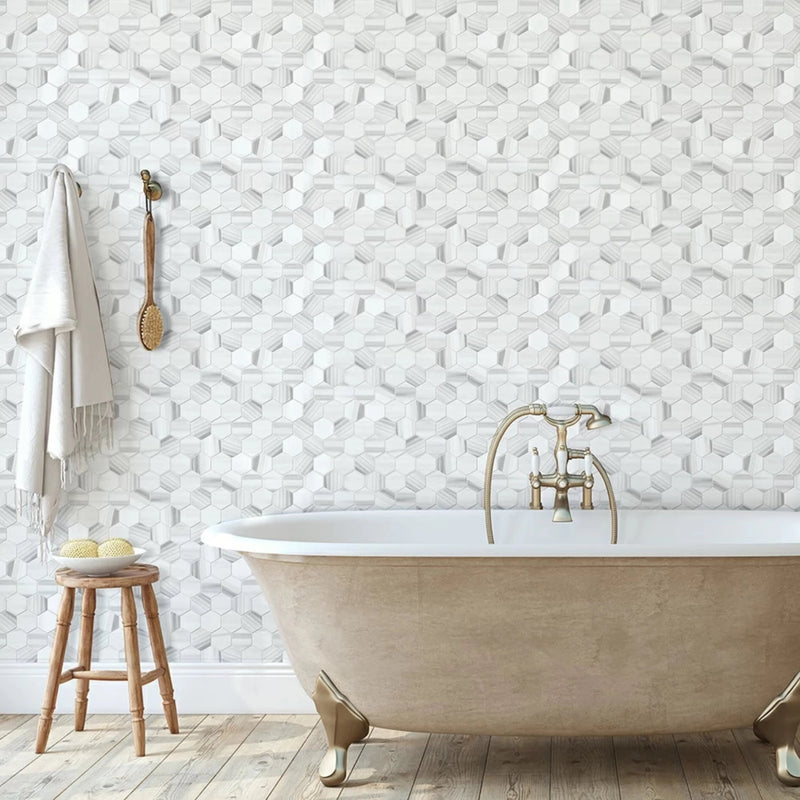 Frost White 10 3/8"x12" Honed Hexagon Marble Mosaic Product shot profile view