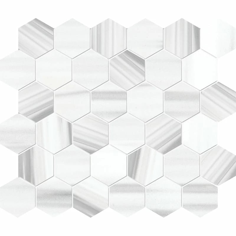 Frost White 10 3/8"x12" Honed Hexagon Marble Mosaic Product shot tile view