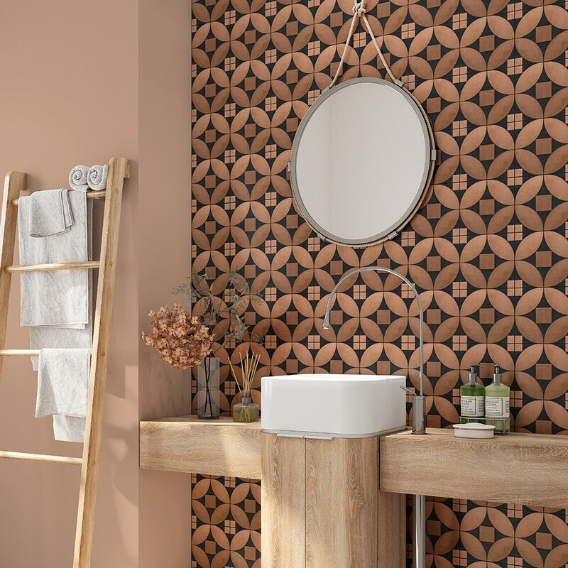 Keefer Mix Black Honed, Terracotta 11 7/16"x12 1/2" Honed Emna Marble Mosaic bathroom view